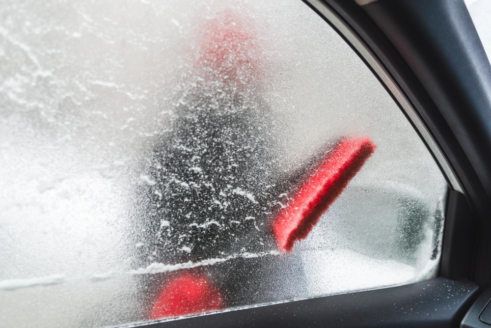 Zaparowane szyby: Osoba skrobiąca lód z szyby